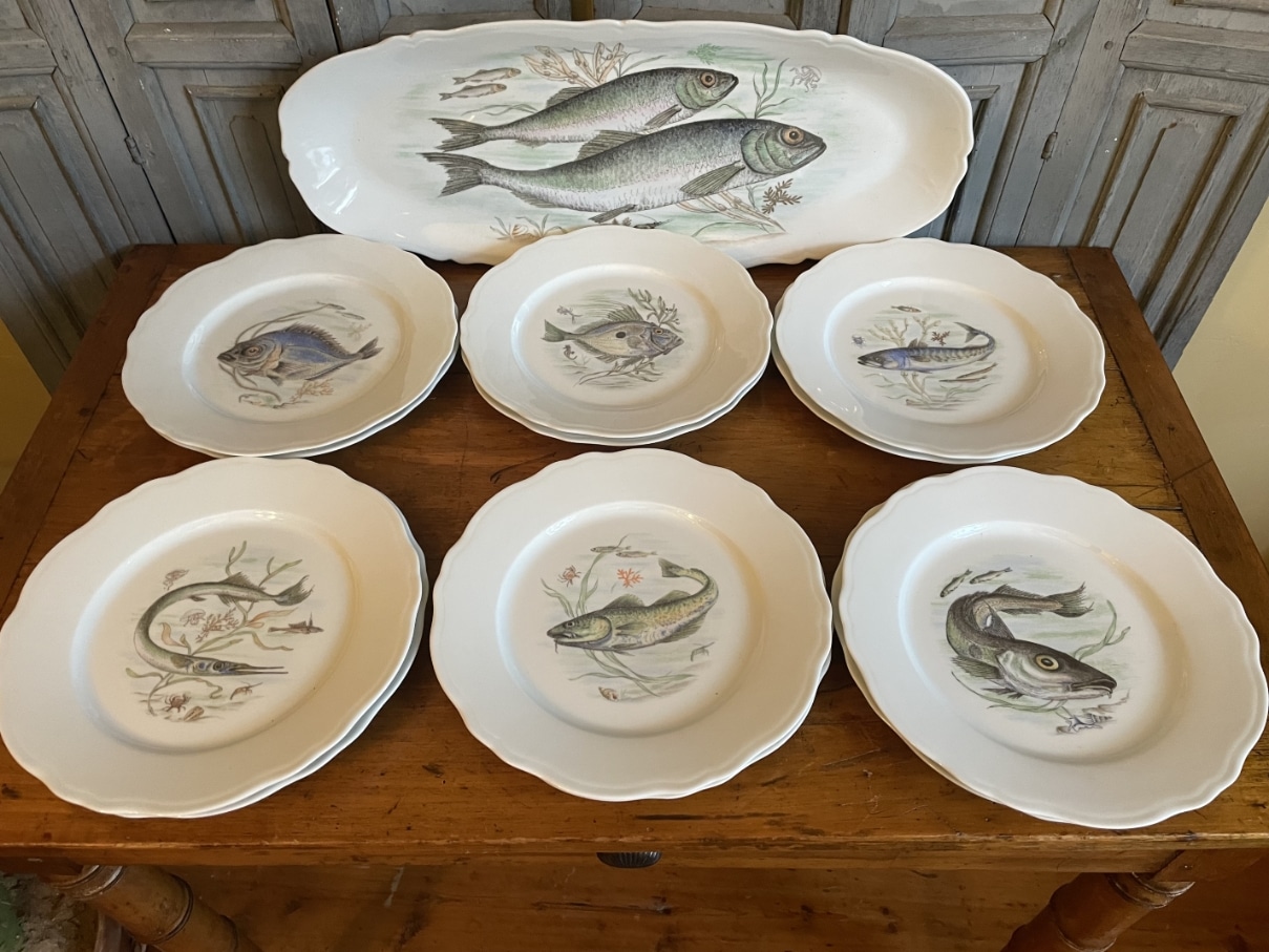 Porseleinen 12x Borden 1 x Schaal Visdecoratie Limoges Foëcy - Afbeelding 2